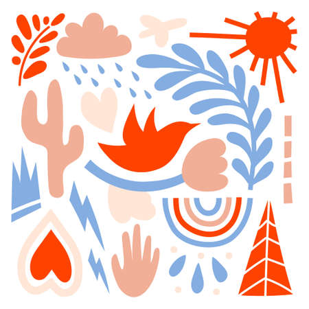 A large set of hand-drawn various shapes, flowers, branches, birds, hearts, clouds, lightning, rainbows. Abstract modern vector illustration. Abstract objects isolated on a white backgroundのイラスト素材