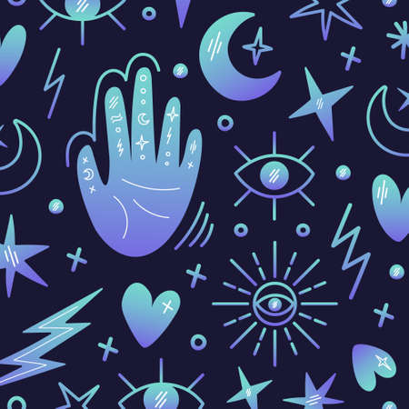 Illustration on the theme of magic, voodoo, palmistry. A set of magic symbols. The hand with the signs, the moon, the stars, the eyes. Vector illustration, background, templateのイラスト素材