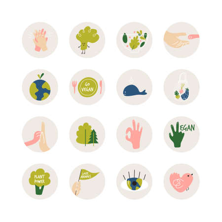 The concept of animal protection, veganism, saving the planet. Templates for websites, postcards, posters, stickers, bloggers, invitations, and social networks. Round stickers on the theme of veganism.のイラスト素材