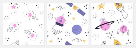 A set of modern seamless patterns. Seamless space pattern. Planets, rockets, stars, doodles. Vector...