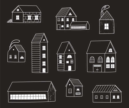A large set of different houses , buildings, a barn, a school building. White Silhouettes of houses on a black background.のイラスト素材