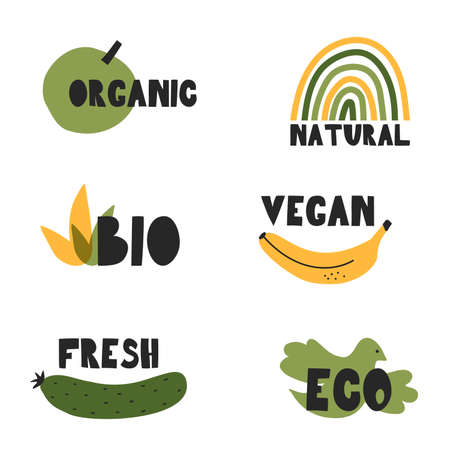 Collection of emblems -vegan, organic, natural, bio, fresh, eco. Design of ECO product tags. A set of vector isolated symbolsのイラスト素材