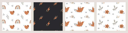 Set of seamless patterns in the style of boho. Rainbows, flowers, birds, lightning. A hand-drawn set...