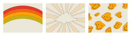 A set of posters in the hippie style. A poster with a cloud, a rainbow, emoticons. Vector...