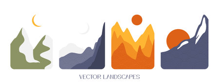 Vector set of colorful icons emblems with abstract landscapes. Modern illustration for social networks. Vacation badge and emblem for holiday rentals, travel services and beauty studiosのイラスト素材