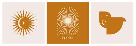 Vector set of modern icons and symbols. Sun and bird-design templates. abstract design elements for decoration in modern minimalist style for social media posts, stories.のイラスト素材