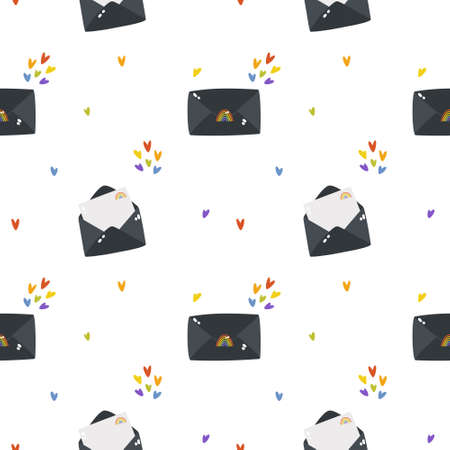 Seamless pattern on the LGBTQ theme.Seamless pattern with envelopes and love messages.Vector illustration with LGBTQ symbols.Rainbow stickers, digital paper, wrapping paper. Happy pride - background.のイラスト素材