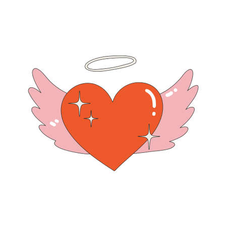 Heart icon with wings and a halo. Nostalgia for the 2000s. Y2k style. Simple flat linear vector illustration isolated on a white backgroundのイラスト素材