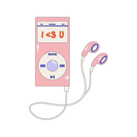 The icon of a pink player with headphones. Nostalgia for the 2000s. Y2k style. Simple flat linear vector illustration isolated on a white backgroundのイラスト素材