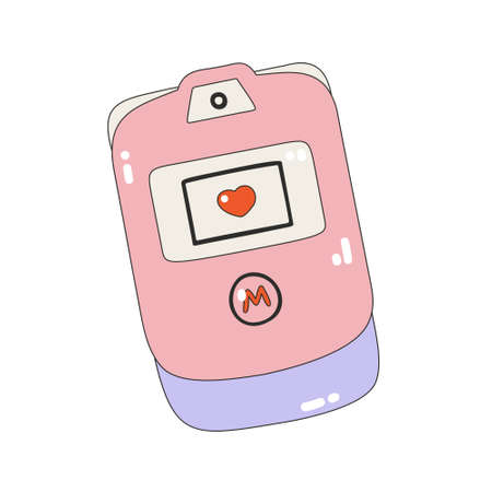 Pink flip phone icon. Nostalgia for the 2000s. Y2k style. Simple flat linear vector illustration isolated on a white background.のイラスト素材