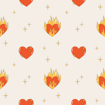 Seamless pattern - hearts on fire. Pattern in the style of the 2000s. Wrapping paper for Valentine's Day. Modern vector illustration of hearts and flamesのイラスト素材