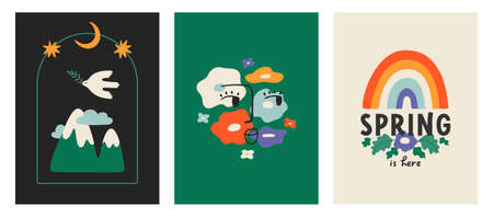 Set of spring posters. Colorful prints with flowers, rainbows, birds, nature. Bright posters, cover design templates, wallpapers for stories on social networks on the theme of springtimeのイラスト素材