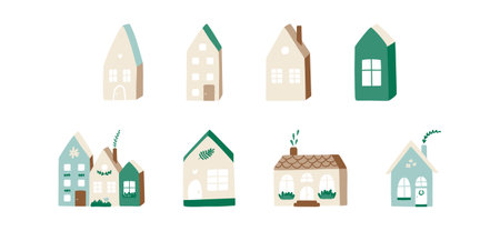A set of different tiny houses. Houses with spring decorations. All elements are isolated on a white background. Vector illustration of buildingsのイラスト素材