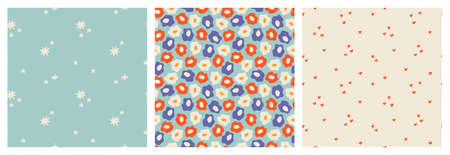 Floral abstract background. Set of spring seamless patterns. Minimalistic pattern with stars and...