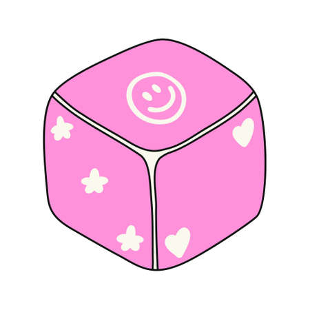 Pink playing dice in y2k styling. Vector cute cube illustration. Dice with hearts, stars and smiling faces.のイラスト素材