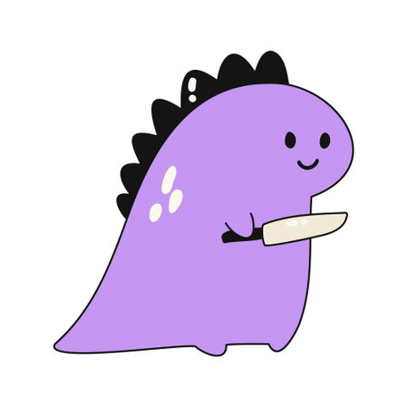 Cute cartoon dinosaur character with a knife on a white background. A smiling face. Animal character design.Isolate the vector illustration.のイラスト素材