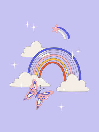 Modern poster on the theme of the 00s. Stylish print with rainbow, clouds and butterfly. Glamorous vector illustration Y2k. Nostalgia for the 2000 yearsのイラスト素材