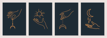 Celestial talisman with woman hands, sun, moon, stars sacred geometry isolated. Vector abstract logo design template in trendy linear minimal style.For cosmetics and packaging, jewelery, hand craftedのイラスト素材