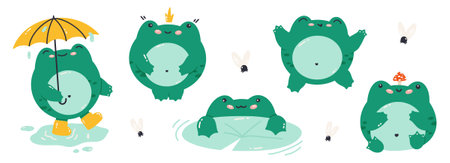 A set of cartoon frogs isolated on a white background. Funny toad, vector flat illustration. Princess frog, toad with umbrella, flies. Collection of colorful cute amphibiansのイラスト素材