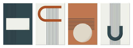 Modern set of abstract, minimalistic compositions. Boho style wall decor. Modern geometric compositions and shapes. Posters with geometric shapes, vector. Perfect for a postcard or brochure designのイラスト素材