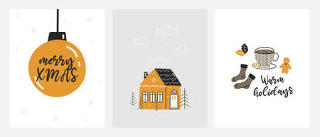 Set of vertical Christmas greeting cards. Merry Christmas and happy new year templates. hand-drawn style. Christmas trees, decorations, gifts. Christmas lettering.のイラスト素材