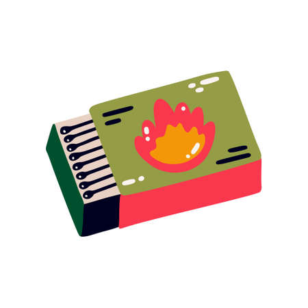 A cartoon box of matches. illustration of matches. Cute campfire. Flat vector illustration isolated on a white backgroundのイラスト素材