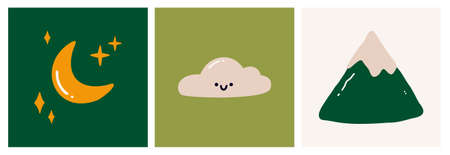 The moon and the stars, green mountain, cloud, character, cartoon style. Flat vector illustration...