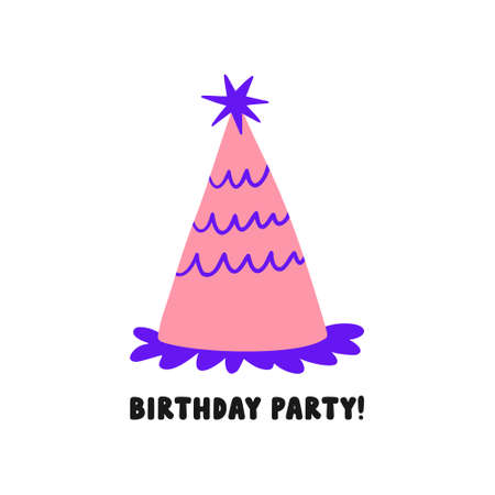 The icon of the festive cap and the inscription - Birthday party Cartoon style. Simple flat vector illustration isolated on a white background. Design of a invitations, sticker, print or posterのイラスト素材