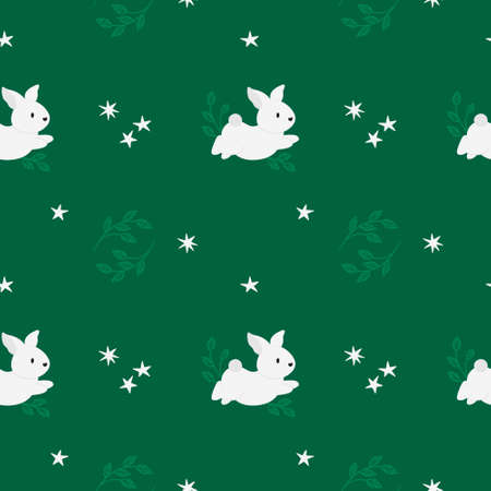 Seamless pattern with cute bunnies and twigs. Pretty background for Easter. Floral Background with Little Rabbits. Vector illustration for nursery, baby and kids products, fabric, stationery, textileのイラスト素材