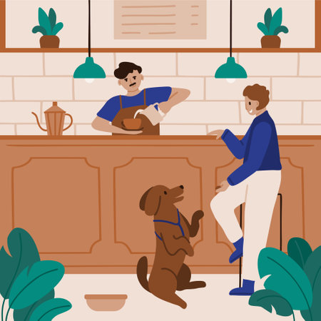 Woman enjoys a coffe with her adorable puppy in a pet-friendly cafe. Flat vector illustration capturing the cozy atmosphere and delightful companionship in the cafe interior.のイラスト素材