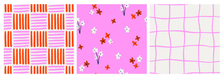 A set of hand-drawn abstract seamless patterns. Colorful, springy and bold. Floral, checkered,...