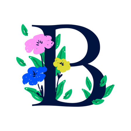 An elegant letter B decorated with flowers. The floral alphabet. Personalized poster. Print for the childrens room. Vector illustration isolated on a white background.のイラスト素材