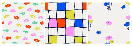 A set of hand-drawn abstract seamless patterns. Colorful, springy and bold. Floral, checkered,...