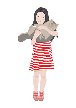 Illustration of lovely girl holding her cat.のイラスト素材