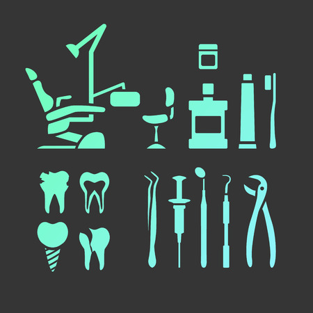Vector dental care thin line icons. Dental chair, mouthwash, toothpaste,  dentist tools, dentist office.のイラスト素材