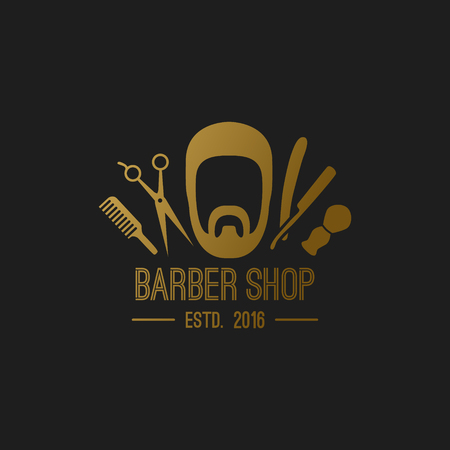 Vector gold hipster barber shop badge. Beard, scissors, razor, brush, comb.のイラスト素材