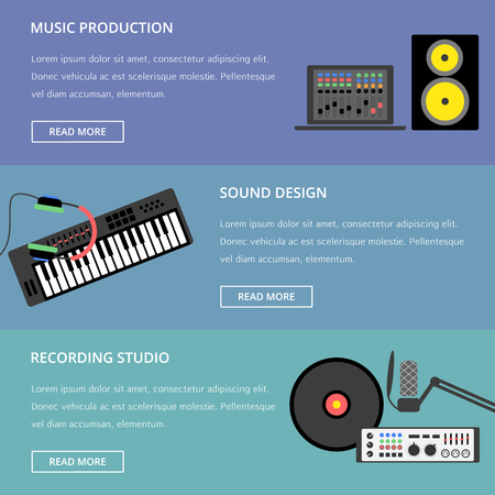 Vector music production template, layout. Speaker, laptop, headphones, microphone, amplifier, plate, synthesizer icons.のイラスト素材