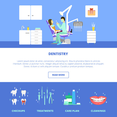 Vector dental care concept, template, layout. Dental chair, mouthwash, toothpaste, dentist tools, dentist office, doctor, patient.のイラスト素材