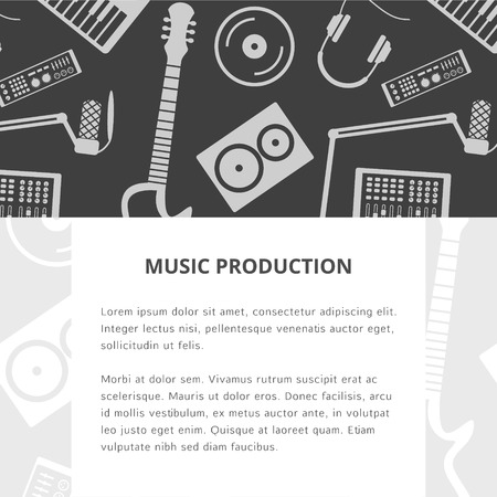 Vector music production template, layout. Speaker, laptop, headphones, microphone, amplifier, plate, synthesizer icons. Includes two patterns.のイラスト素材