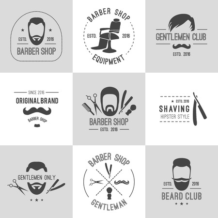Vector hipster barber shop logos, badges. Beards scissors moustache razor,のイラスト素材