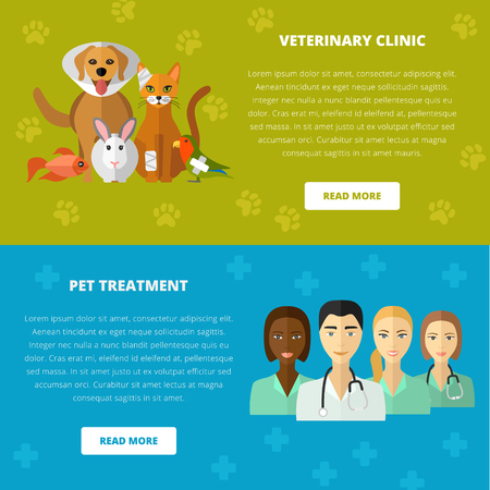Vector veterinary template, website layout and concept. Cat dog fish parrot doctors pets medical tools icons.のイラスト素材