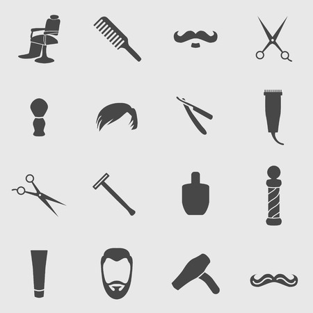 Vector hipster barber shop icons. Chair comb moustache scissors shears haircut razor blade trimmer cream after shave lotion pole hair dryer.のイラスト素材