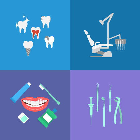 Vector dental care elements, icons. Dental chair mouthwash toothpaste floss dentist tools dentist smile.のイラスト素材