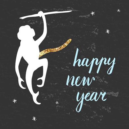 Happy New Year postcard. Mokey with gold tail.のイラスト素材