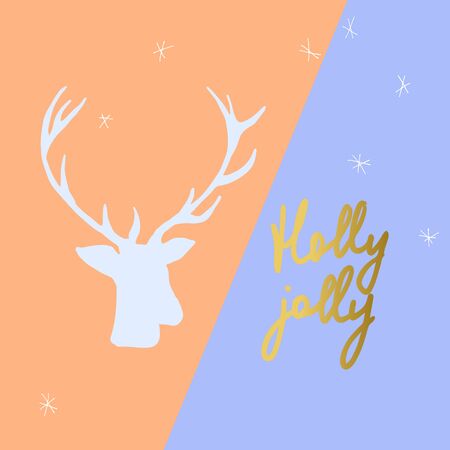 Vector Holly Jolly postcard. Deer silhoulette, gold calligraphy.のイラスト素材