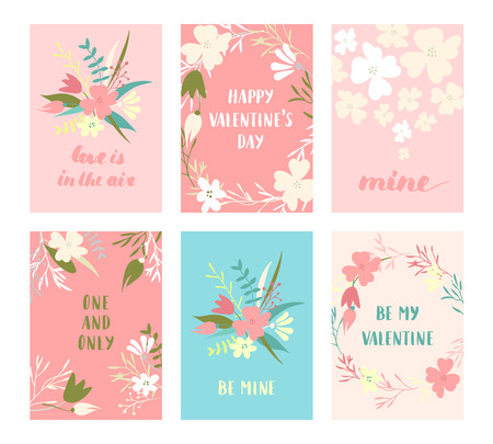 Vector modern love cards, posters for Valentines Day or date, wedding. Hand lettering, flower wreaths.のイラスト素材