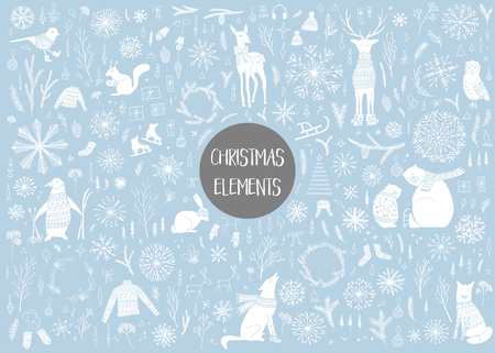 Vector hand drawn cute forest animals collection. Stylish and elegant cartoon animals. Cute and childish hipster christmas elements.のイラスト素材