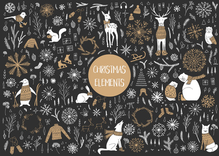 Vector hand drawn cute forest animals collection. Stylish and elegant cartoon animals. Cute and childish hipster christmas elements.のイラスト素材