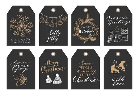 Vector big collection of hand written christmas phrases and quotes. Elegant calligraphic lettering tags, cards. Cute winter graphic elements.のイラスト素材