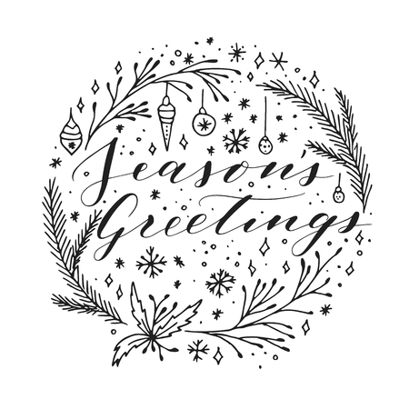 Vector hand written Christmas greeting. Elegant lettering. Winter background. Pastel color holiday card with modern calligraphy. Seasons Greetings.のイラスト素材